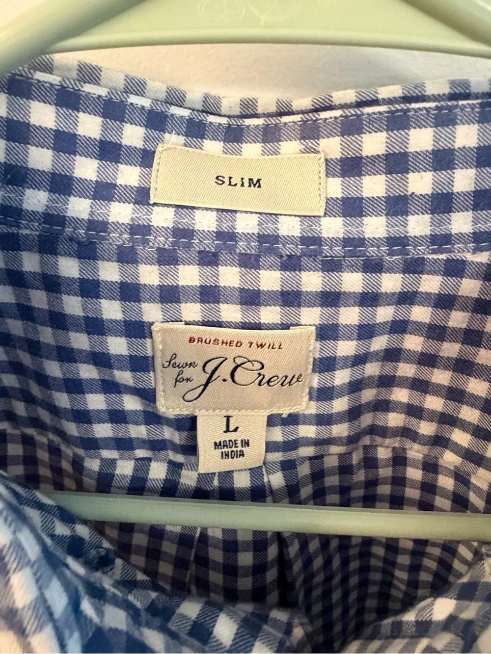 J.Crew Brushed Twill Gingham Shirt Blue White Slim Fit Cotton Mens L